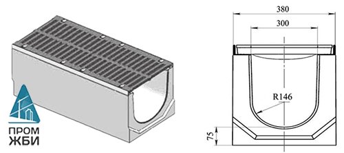 Лоток водоотводный DN 300 Н 310 «ГеммаДренаж» в комплекте с чугунной решеткой ВЧ-50